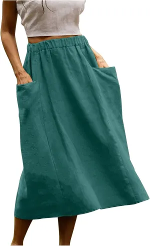 Casual A Line Midi Skirts for Women Elastic High Waisted Swing Flared Skirt Vintage Pleated Summer Dress