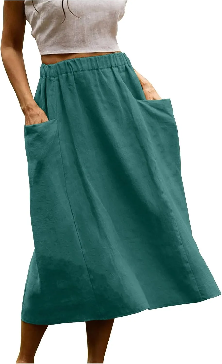 Casual A Line Midi Skirts for Women Elastic High Waisted Swing Flared Skirt Vintage Pleated Summer Dress