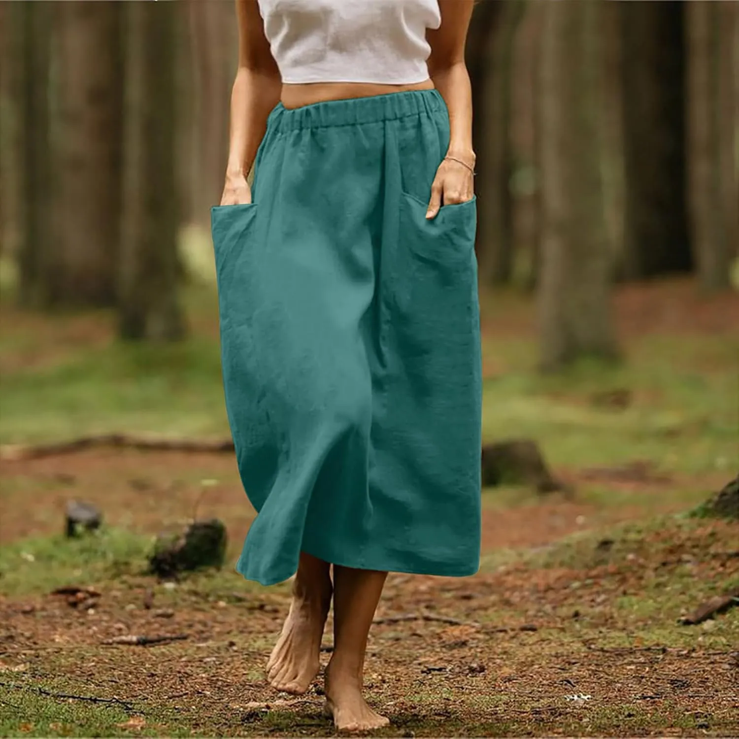 Casual A Line Midi Skirts for Women Elastic High Waisted Swing Flared Skirt Vintage Pleated Summer Dress