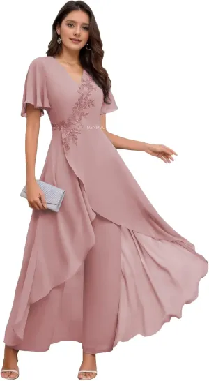 Casual Pant Suits for Women Evening Party with Sleeves Chiffon Mother of The Groom Pantsuits for Wedding Dusty Rose 10