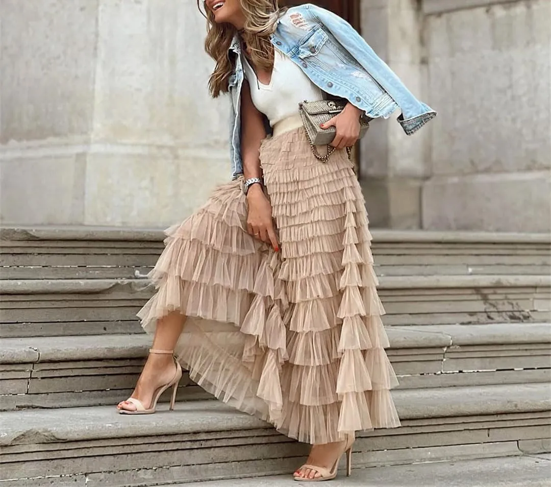 Casual Womens Solid Long Skirt Tulle High Waist Pleated Skirt Ladies Wild Mesh Maxi Skirts