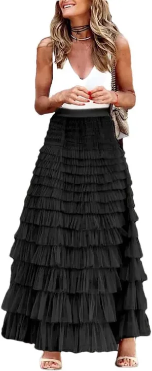 Casual Womens Solid Long Skirt Tulle High Waist Pleated Skirt Ladies Wild Mesh Maxi Skirts