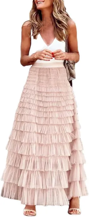 Casual Womens Solid Long Skirt Tulle High Waist Pleated Skirt Ladies Wild Mesh Maxi Skirts