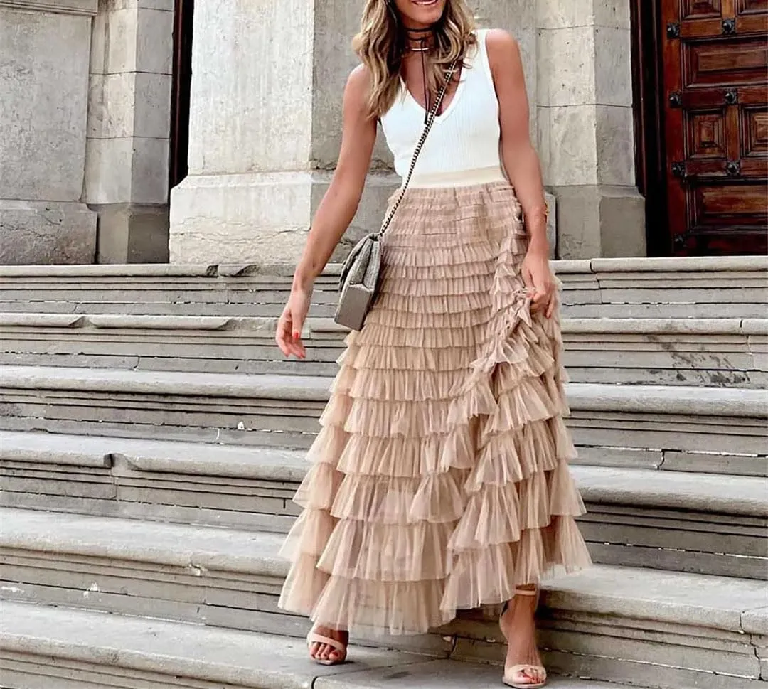 Casual Womens Solid Long Skirt Tulle High Waist Pleated Skirt Ladies Wild Mesh Maxi Skirts