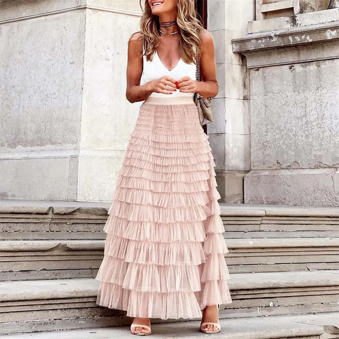 Casual Womens Solid Long Skirt Tulle High Waist Pleated Skirt Ladies Wild Mesh Maxi Skirts