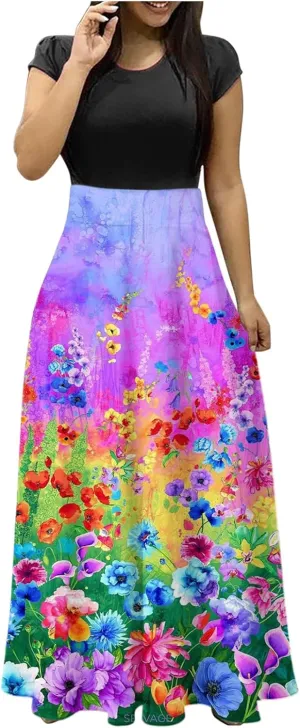 Ceboyel Women Floral Print Long Dress Short Sleeve Summer Maxi Dresses Pleated Casual Flowy Dress Tropical Hawaiian Outfits