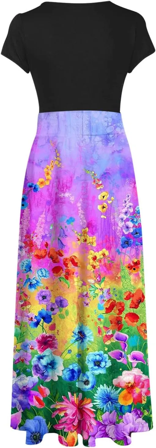 Ceboyel Women Floral Print Long Dress Short Sleeve Summer Maxi Dresses Pleated Casual Flowy Dress Tropical Hawaiian Outfits