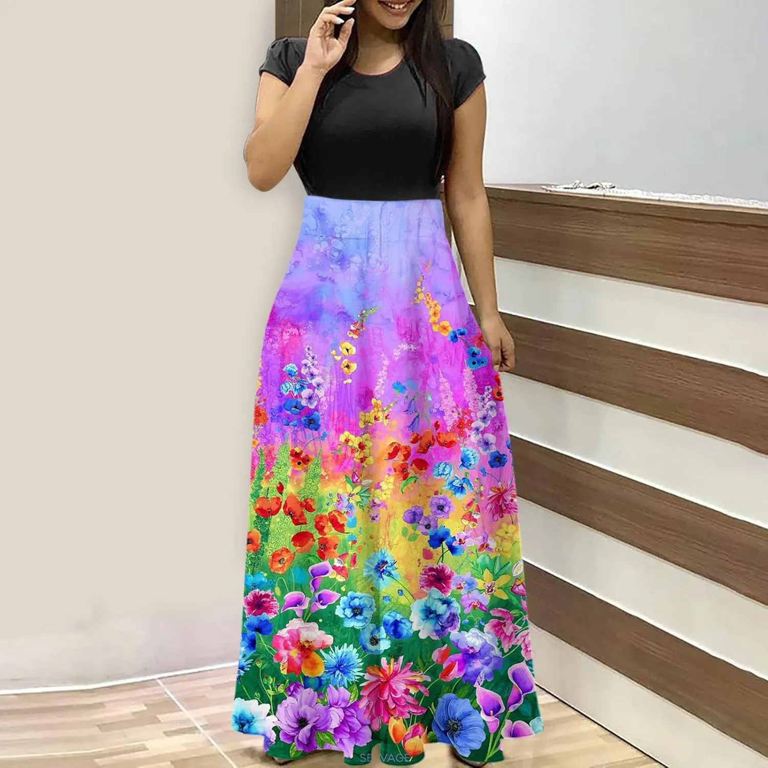 Ceboyel Women Floral Print Long Dress Short Sleeve Summer Maxi Dresses Pleated Casual Flowy Dress Tropical Hawaiian Outfits