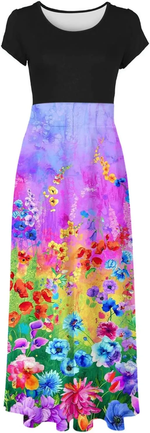 Ceboyel Women Floral Print Long Dress Short Sleeve Summer Maxi Dresses Pleated Casual Flowy Dress Tropical Hawaiian Outfits
