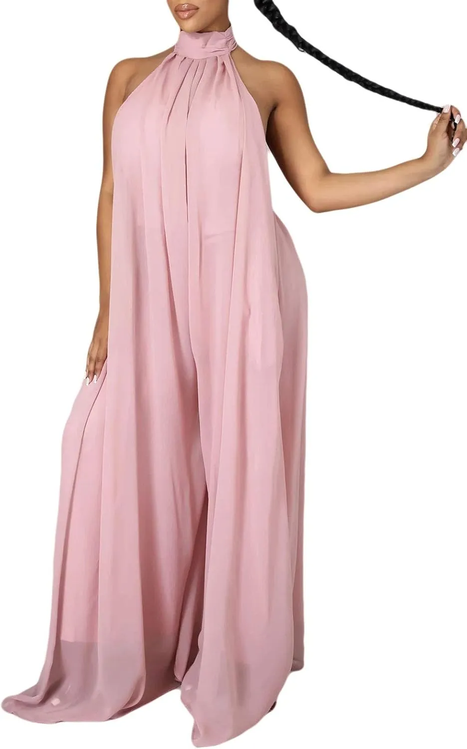 CHARTOU Women's Elegant Loose Fit Chiffon Halter Neck Backless Wide Leg Jumpsuit