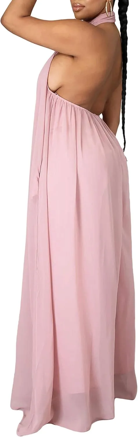 CHARTOU Women's Elegant Loose Fit Chiffon Halter Neck Backless Wide Leg Jumpsuit