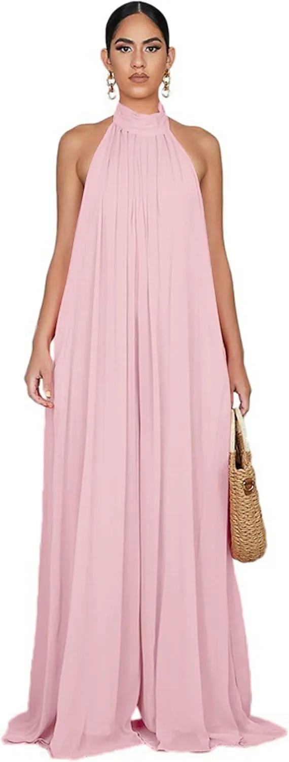 CHARTOU Women's Elegant Loose Fit Chiffon Halter Neck Backless Wide Leg Jumpsuit