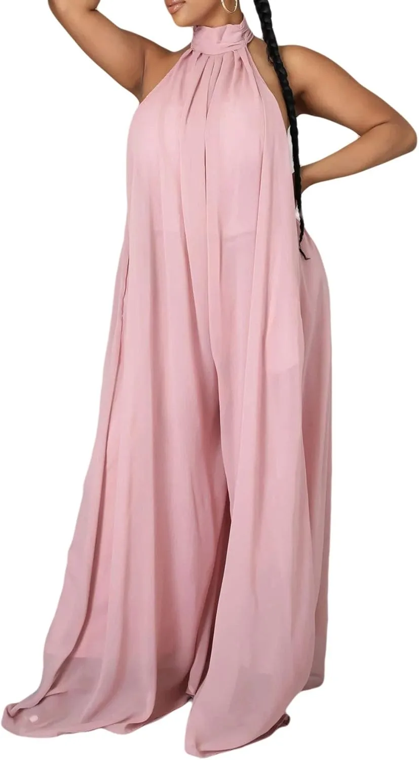 CHARTOU Women's Elegant Loose Fit Chiffon Halter Neck Backless Wide Leg Jumpsuit