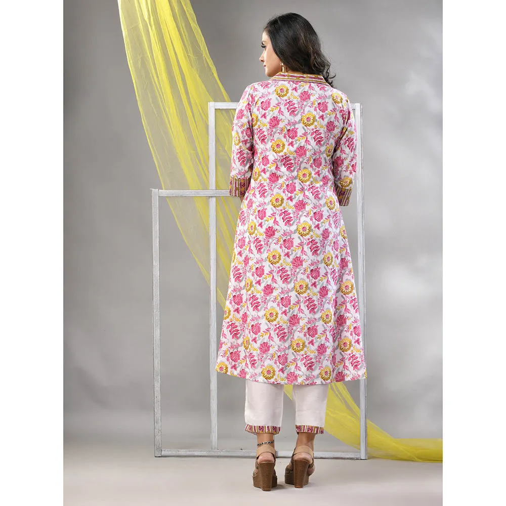 CHARUKRITI White Cotton Printed A-Line Kurta with Pant (Set of 2)