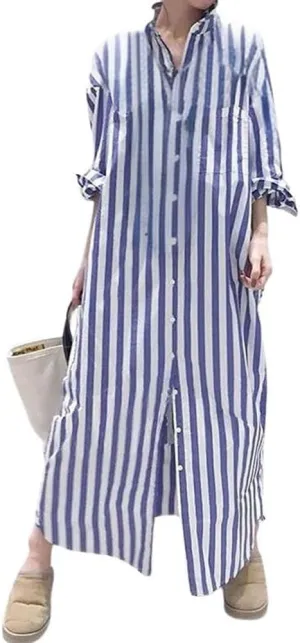 chouyatou Women's Long Sleeve Striped Shirt Dress Business Casual Beach Maxi Long Button Down Dress
