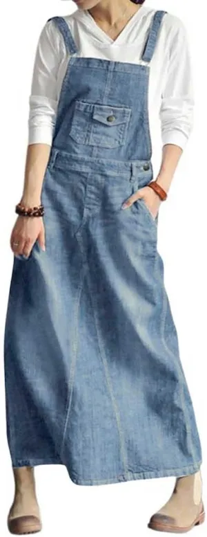 chouyatou Women's Vintage Adjustable Strap Denim Overall Dress Distressed A-Line Pinafore Bib Jean Dress