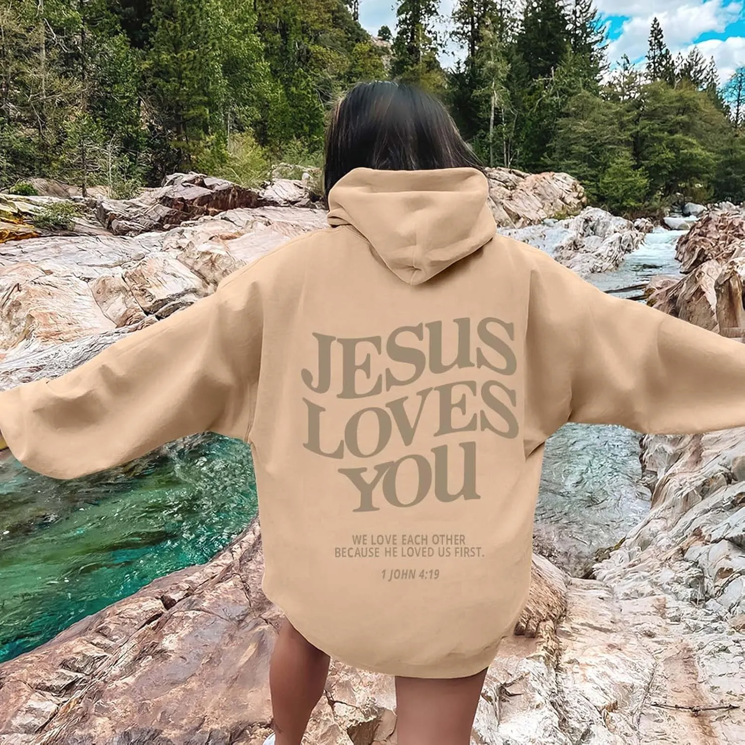 Christian Hoodies Women Men Jesus Loves You Letter Graphic Sweatshirt Casual Long Sleeve Oversized Y2k Pullover Tops