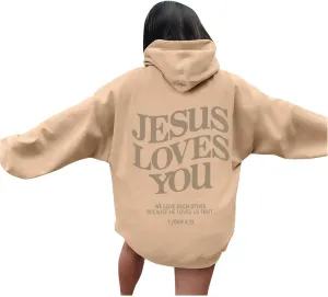 Christian Hoodies Women Men Jesus Loves You Letter Graphic Sweatshirt Casual Long Sleeve Oversized Y2k Pullover Tops