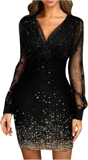 Cocktail Dress for Women,2024 Elegant Sexy Wrap V Neck Skinny Party Dress,Trendy Mesh Patchwork Long Sleeve Dress