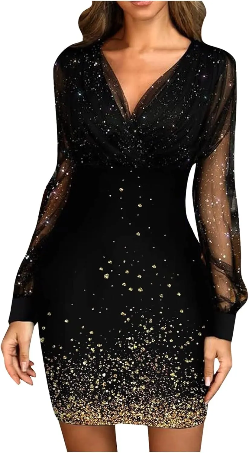 Cocktail Dress for Women,2024 Elegant Sexy Wrap V Neck Skinny Party Dress,Trendy Mesh Patchwork Long Sleeve Dress