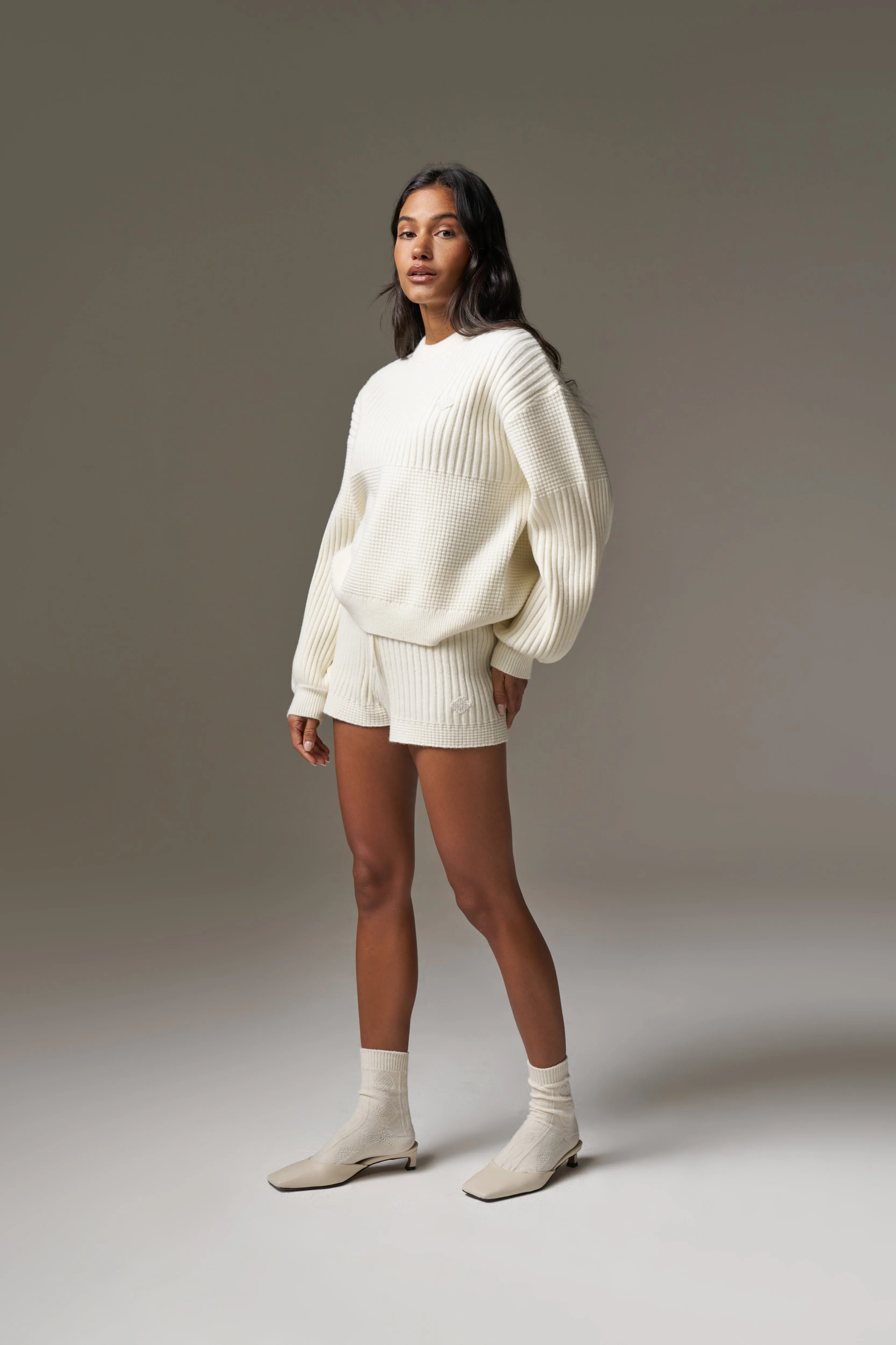 CONTRAST KNIT OVERSIZED CREW - ECRU