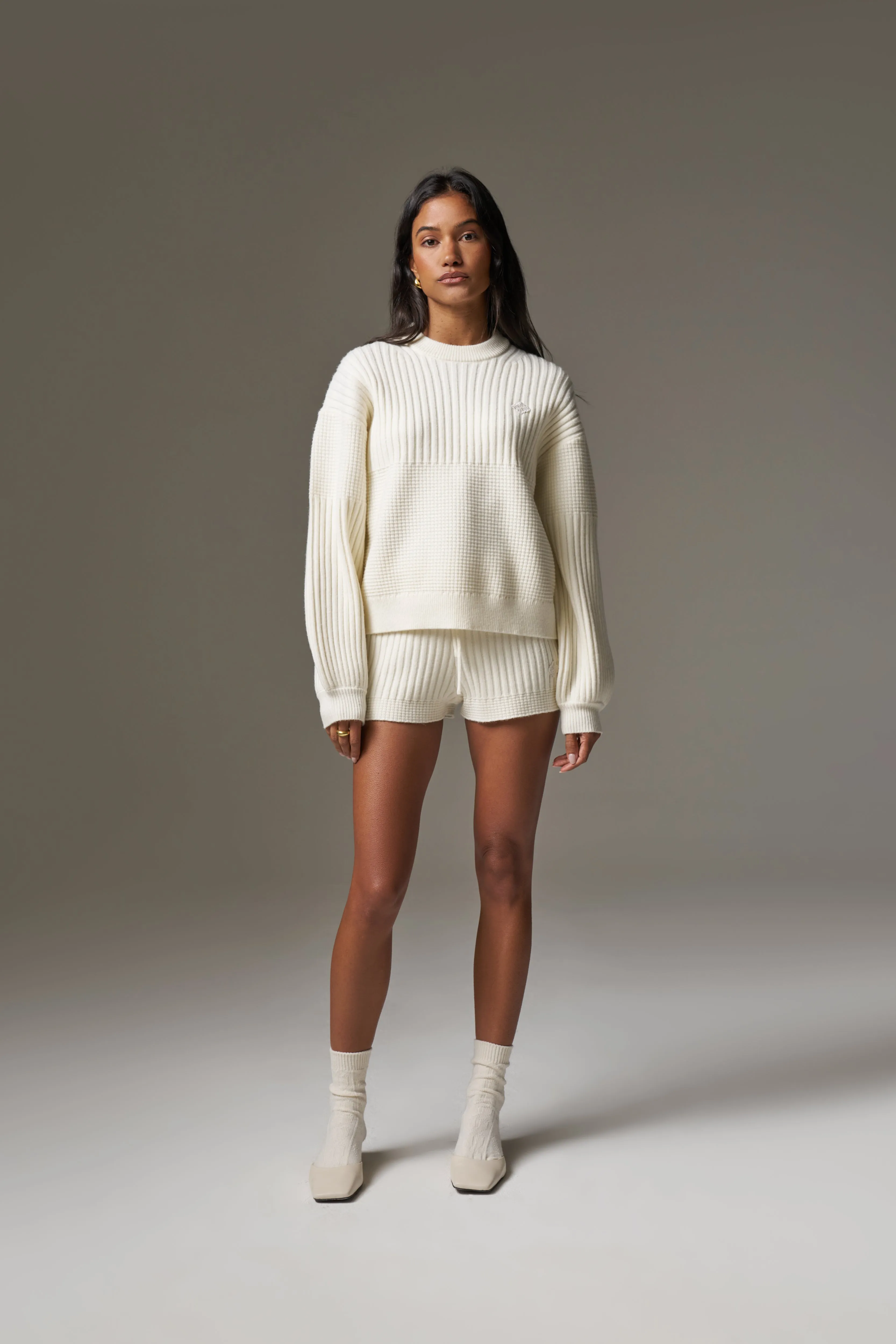 CONTRAST KNIT OVERSIZED CREW - ECRU