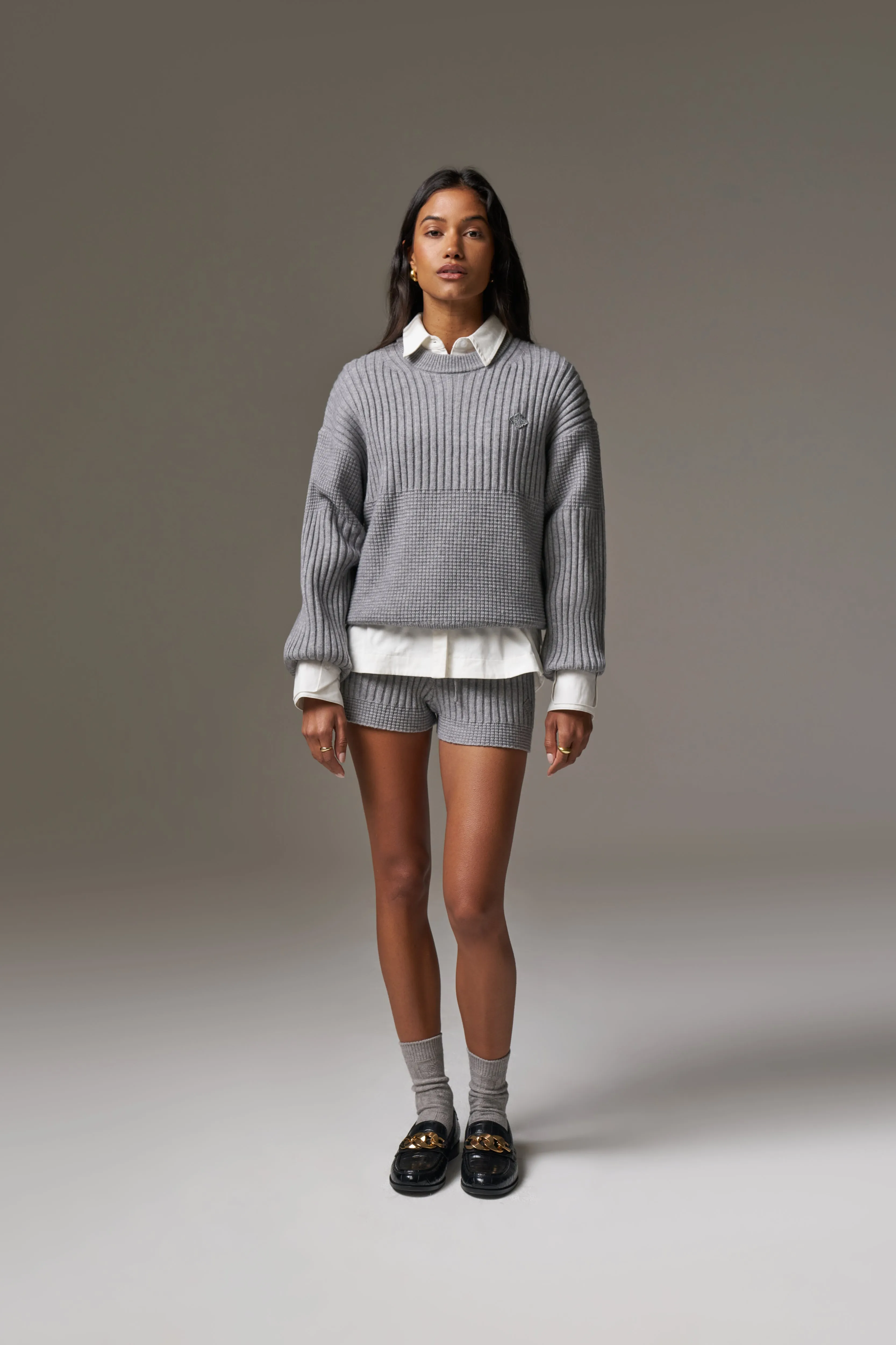 CONTRAST KNIT OVERSIZED CREW - GREY MARL
