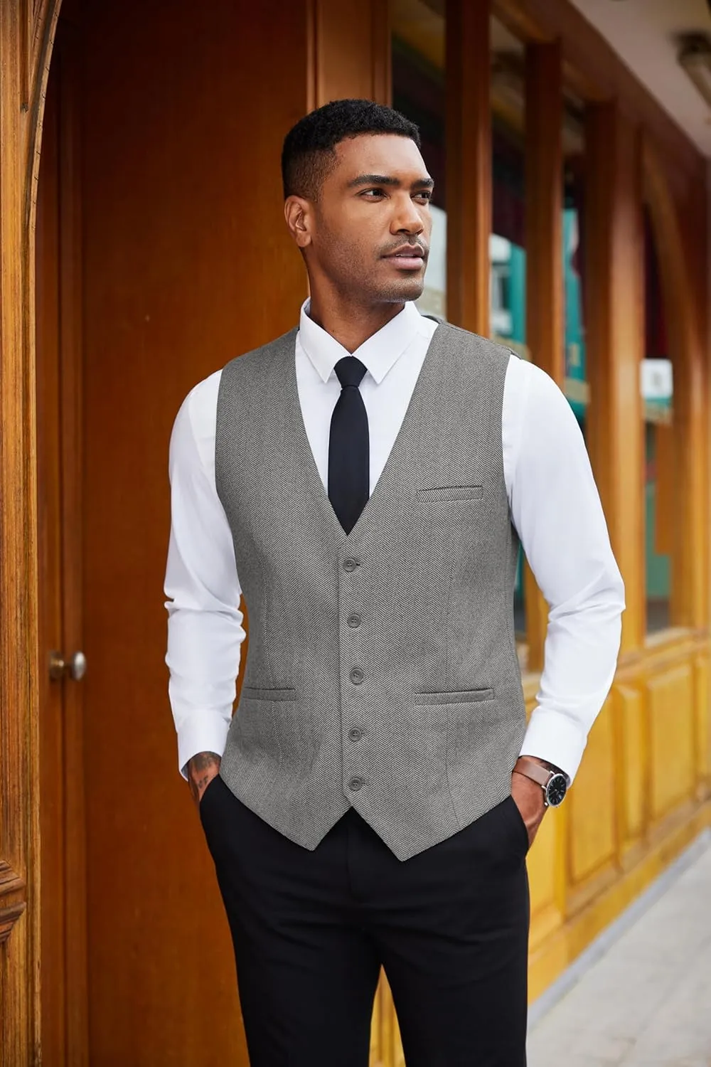 COOFANDY Men's Herringbone Tweed Suit Vests Slim Fit Waistcoat Casual Business Dress Vest