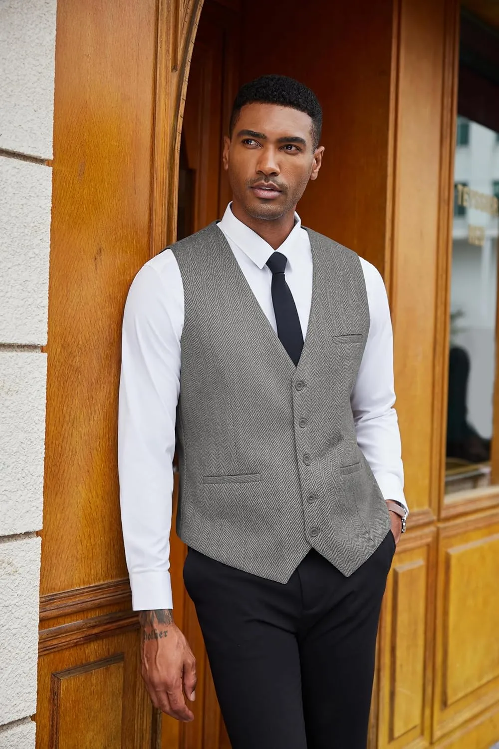 COOFANDY Men's Herringbone Tweed Suit Vests Slim Fit Waistcoat Casual Business Dress Vest