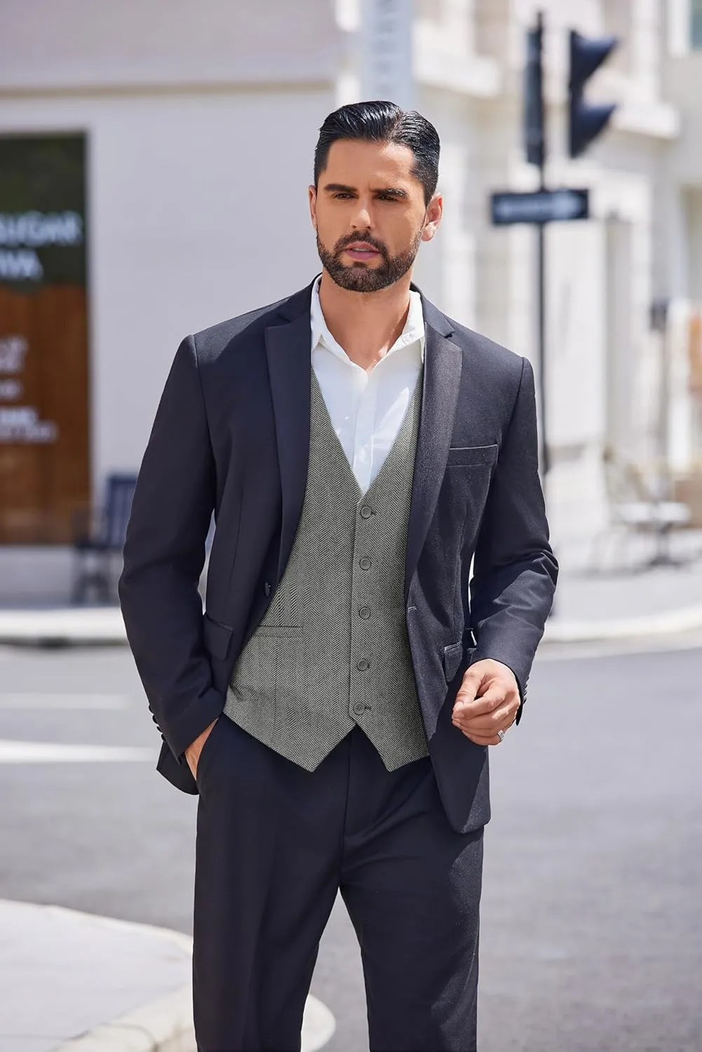 COOFANDY Men's Herringbone Tweed Suit Vests Slim Fit Waistcoat Casual Business Dress Vest