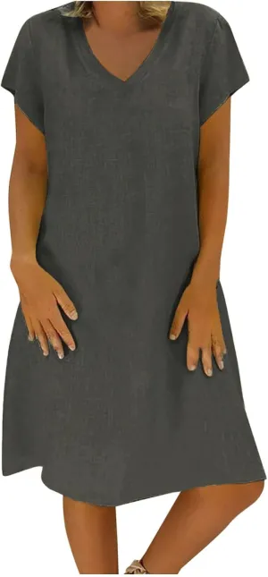 Cotton Linen Mini Dress Short Sleeve V Neck Beach Vacation Dresses Summer Casual Boho Sundress Lounge Solid Clothes