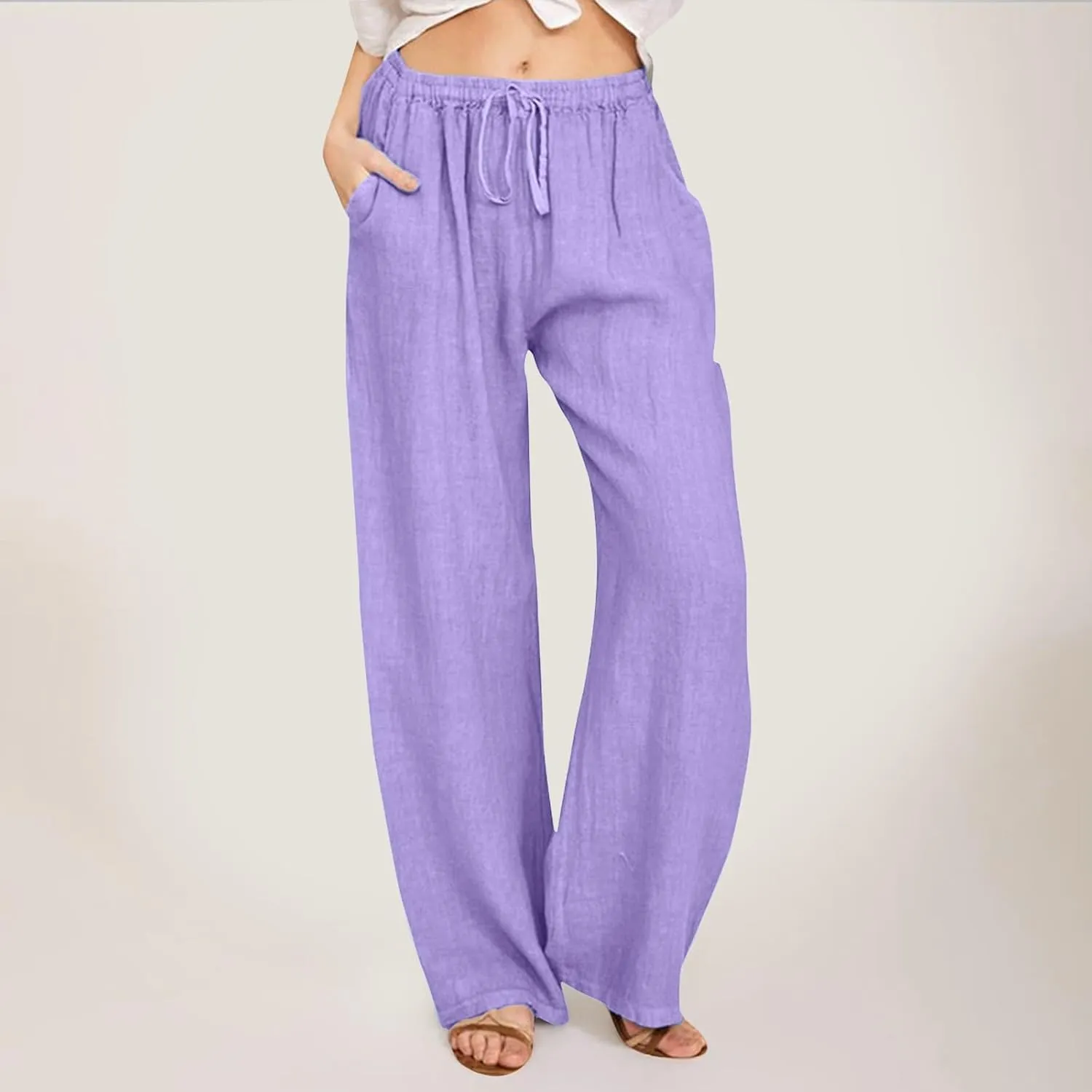 Cotton Pants for Women Solid Drawstring High Waist Self-Tie Casual Trousers Loose Fit Straight Leg Pants with Pockets