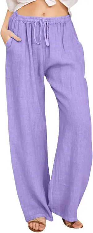 Cotton Pants for Women Solid Drawstring High Waist Self-Tie Casual Trousers Loose Fit Straight Leg Pants with Pockets
