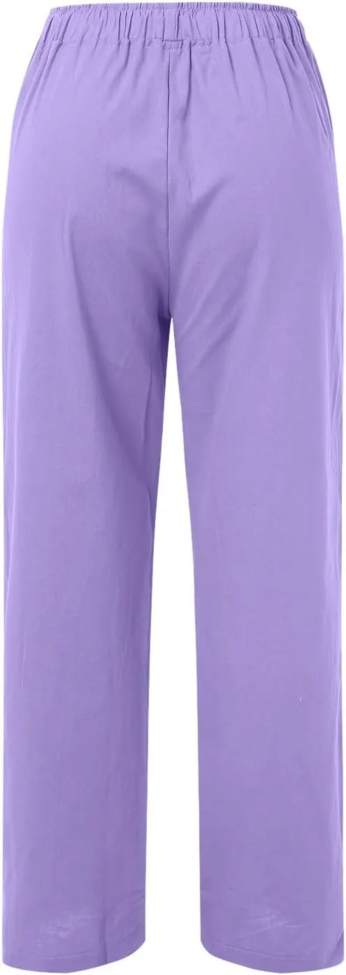 Cotton Pants for Women Solid Drawstring High Waist Self-Tie Casual Trousers Loose Fit Straight Leg Pants with Pockets