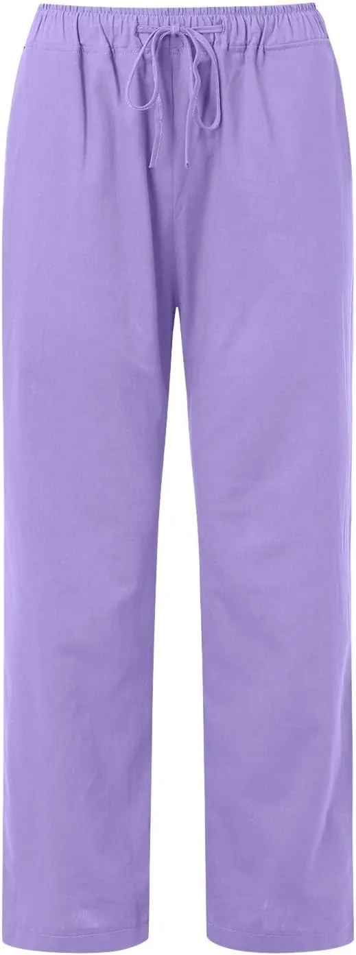 Cotton Pants for Women Solid Drawstring High Waist Self-Tie Casual Trousers Loose Fit Straight Leg Pants with Pockets