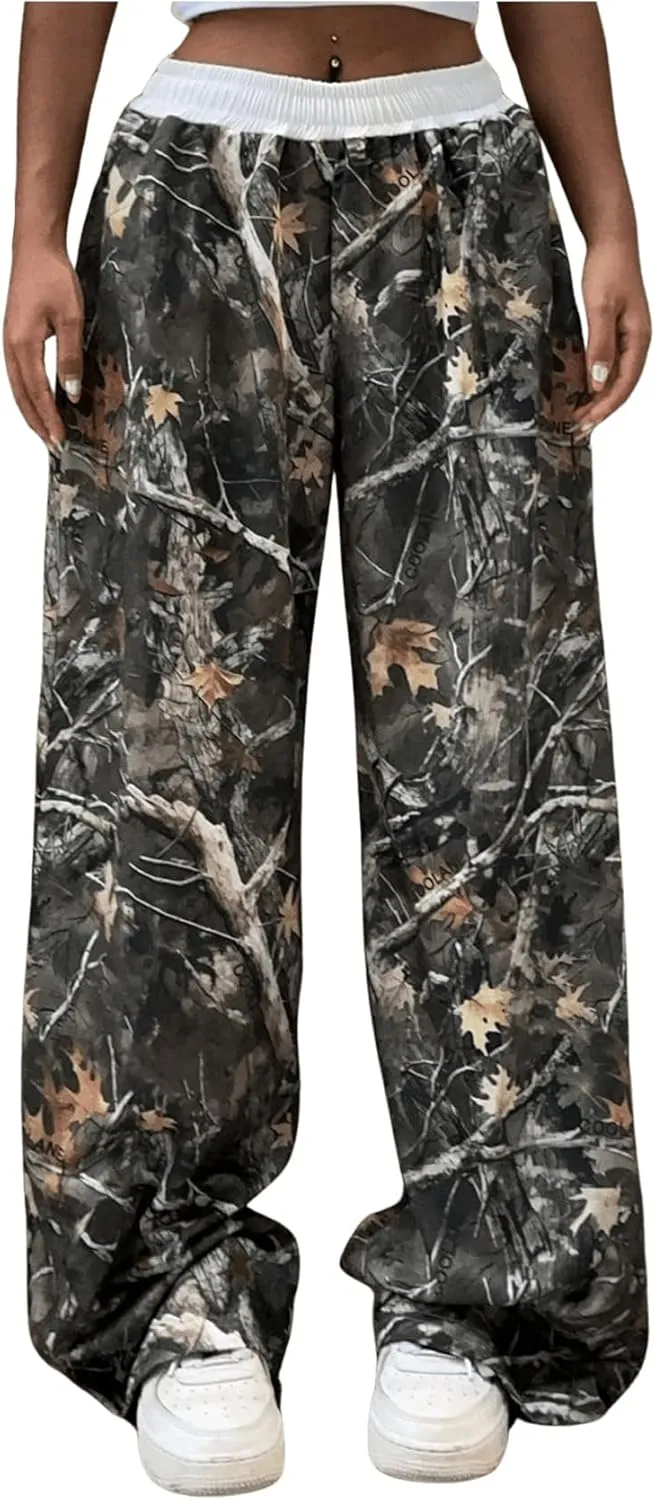COZYEASE Women's Camo Print Graphic Pants Elastic Waist Wide Leg Sweatpants Streetwear