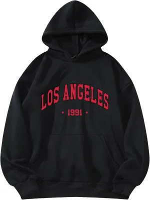COZYEASE Women's Letter Graphic Print Hoodies Drop Shoulder Sweatshirt Vintage Long Sleeve Pullover Tops Black Solid XS
