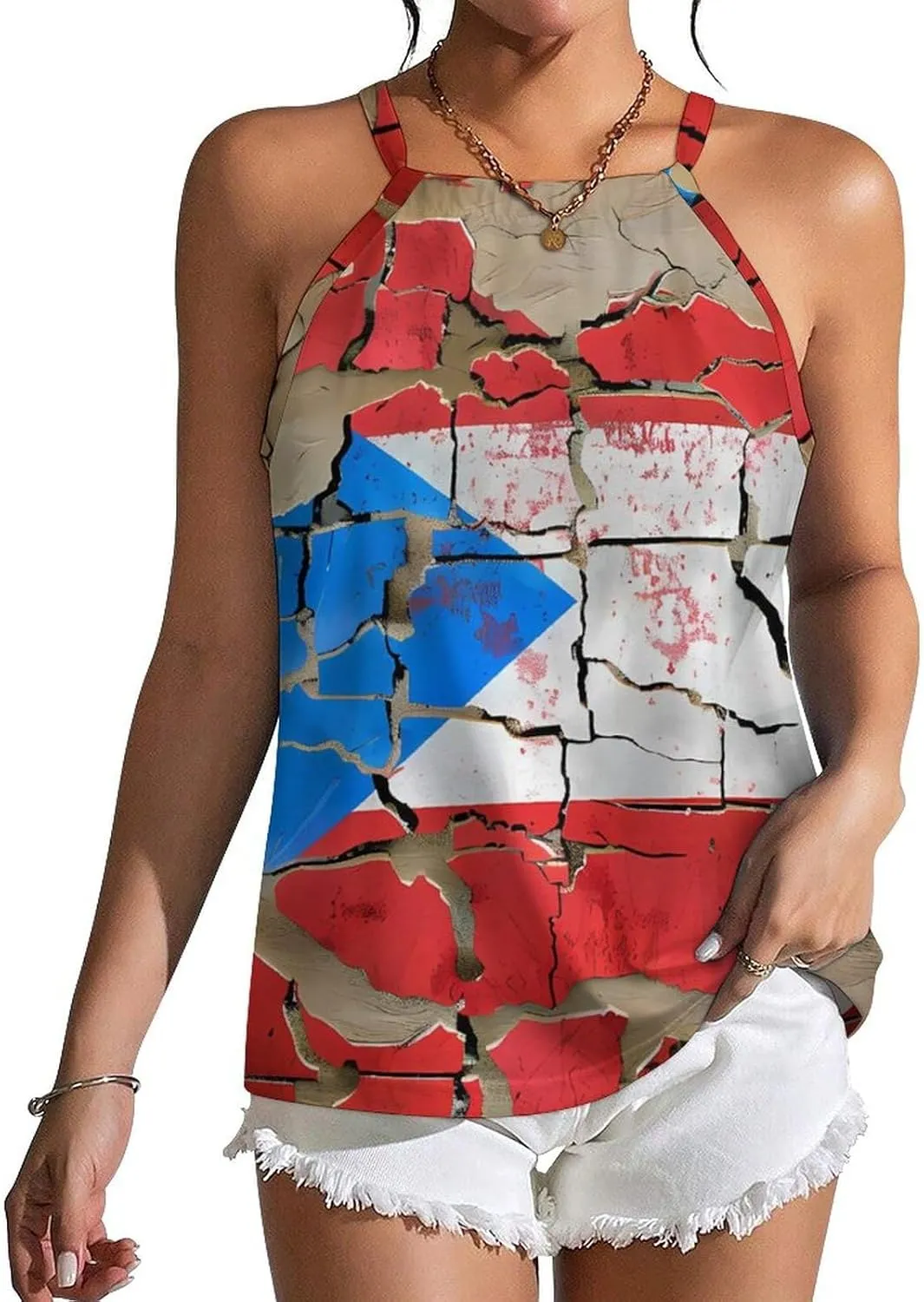Cracked Wall P.R. State Flag Women's Tank Top Sleeveless Spaghetti Straps Tie Back Print T-shirt Tops