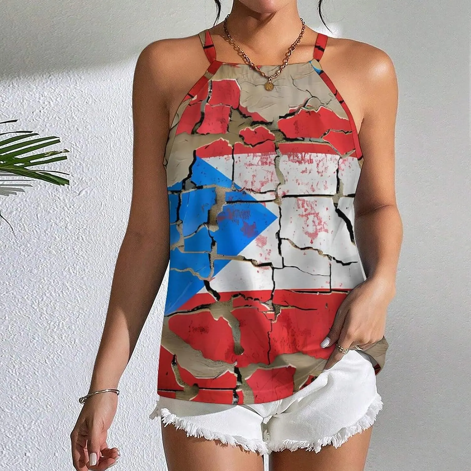 Cracked Wall P.R. State Flag Women's Tank Top Sleeveless Spaghetti Straps Tie Back Print T-shirt Tops