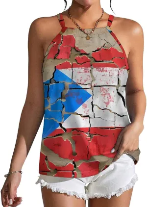 Cracked Wall P.R. State Flag Women's Tank Top Sleeveless Spaghetti Straps Tie Back Print T-shirt Tops