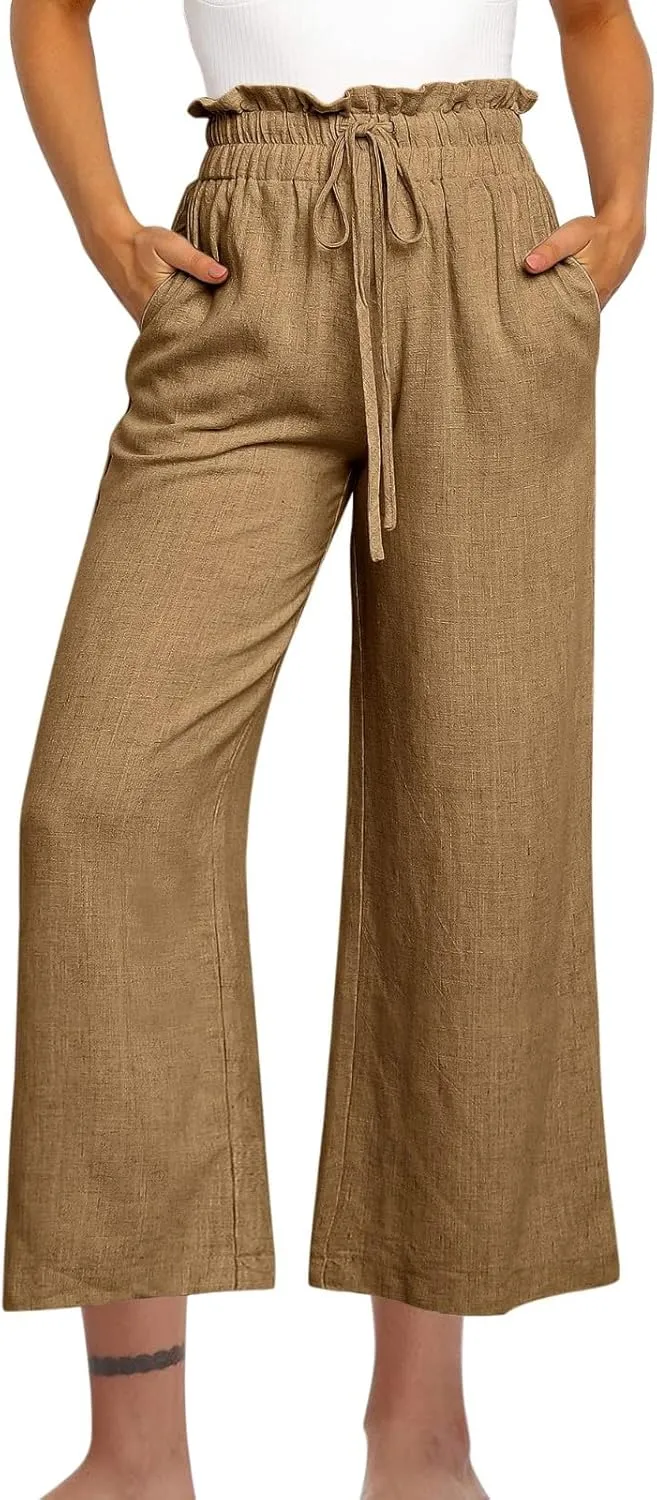 DASAYO Linen Pants Women Summer Drawstring Ruffle High Waisted Cropped Palazzo Casual Loose Wide Leg Trousers with Pockets