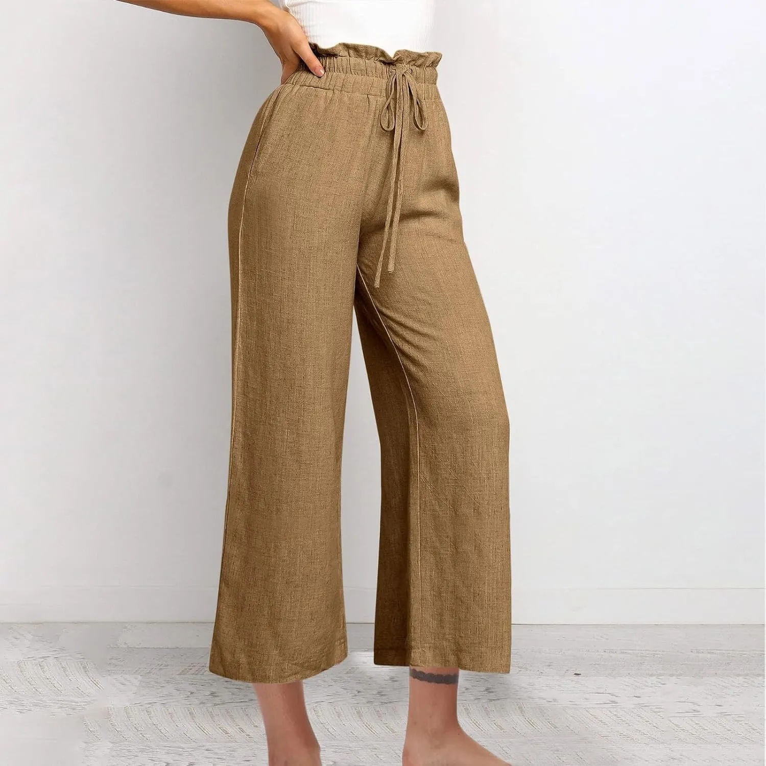 DASAYO Linen Pants Women Summer Drawstring Ruffle High Waisted Cropped Palazzo Casual Loose Wide Leg Trousers with Pockets