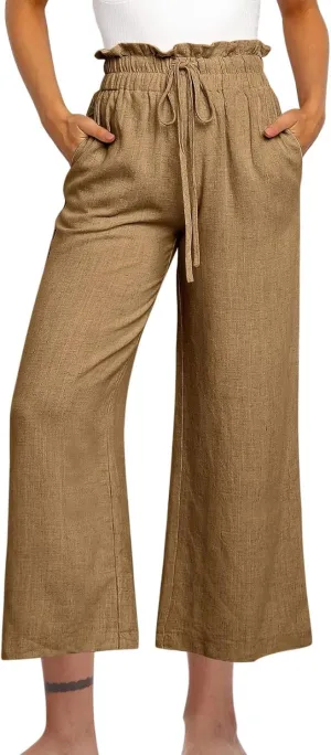DASAYO Linen Pants Women Summer Drawstring Ruffle High Waisted Cropped Palazzo Casual Loose Wide Leg Trousers with Pockets