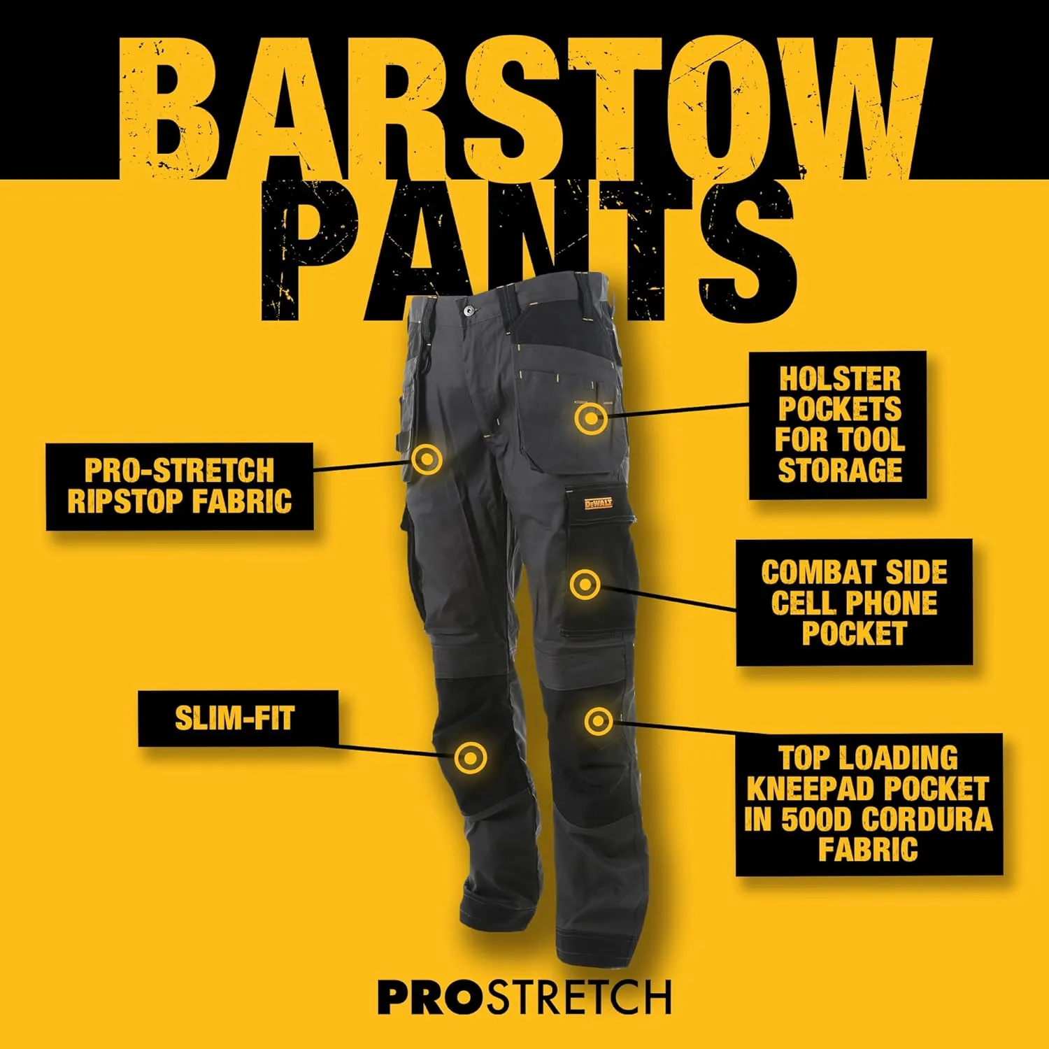 DEWALT Men's Barstow Pro-Stretch, Slim Fit, Holster Pocket, Work Pants