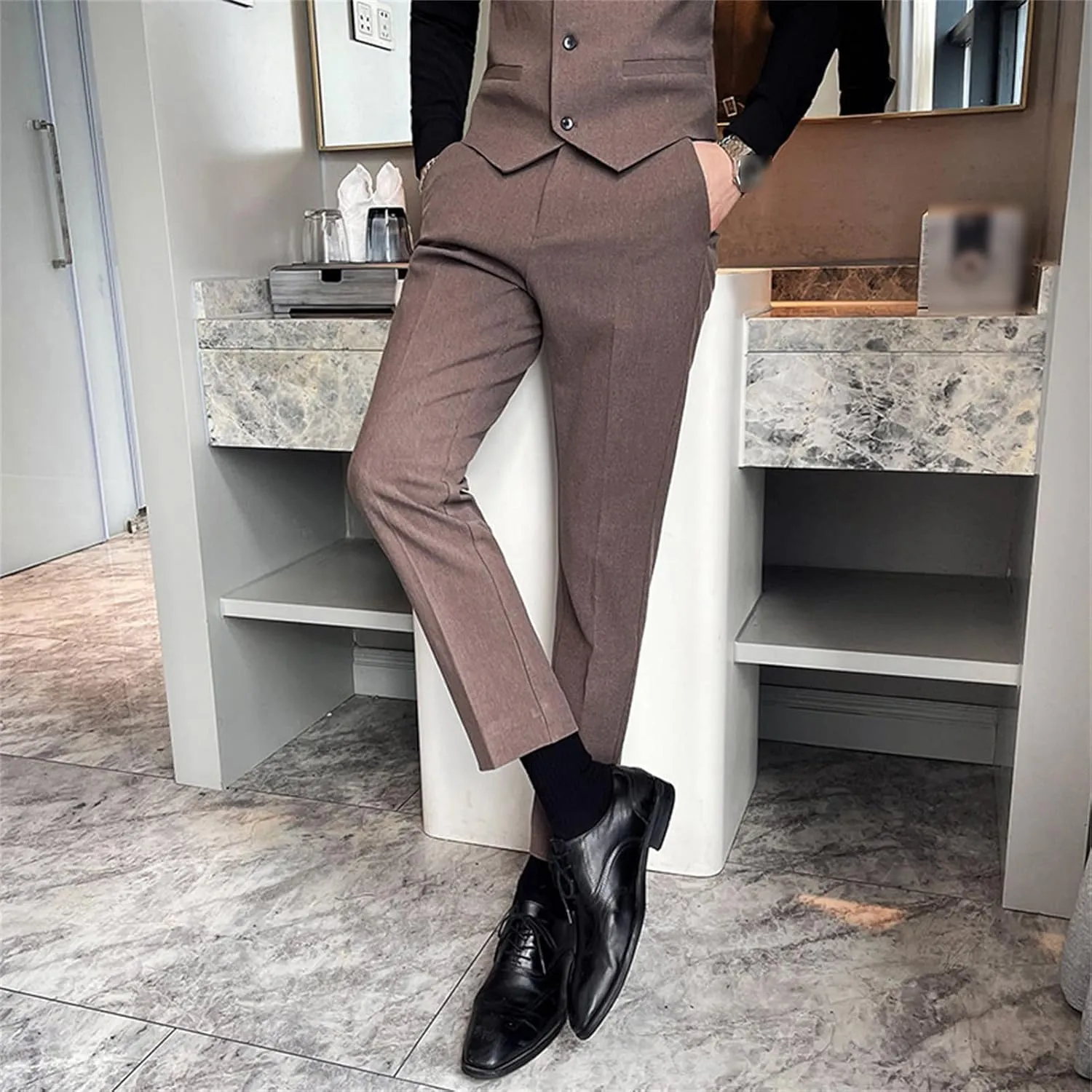 DGHM-JLMY Men's Business Slim Tapered Trousers Wedding Stretch Solid Slim Fit Dress Pant Wrinkle Resistant Pant