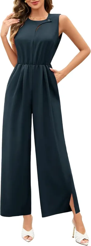 Dressystar Women's Formal Jumpsuits Dressy One Piece Outfits 2025 Summer Wide Leg Sleeveless Long Rompers With Pockets