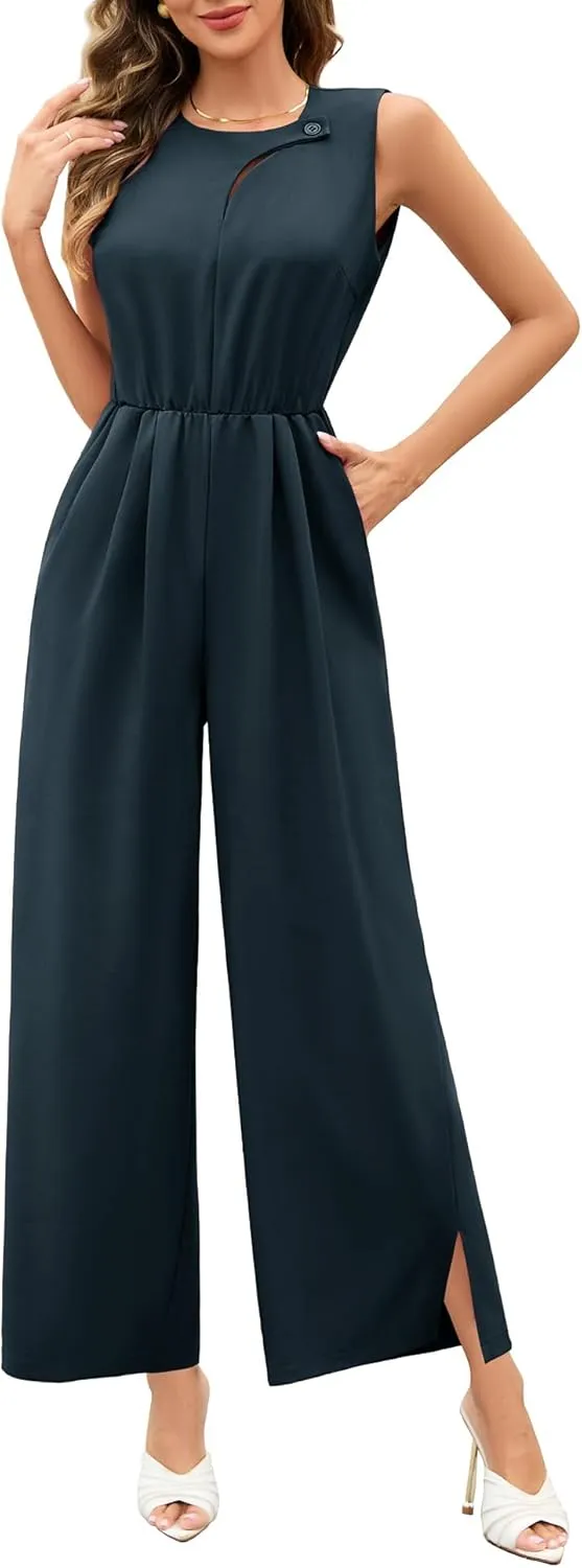 Dressystar Women's Formal Jumpsuits Dressy One Piece Outfits 2025 Summer Wide Leg Sleeveless Long Rompers With Pockets