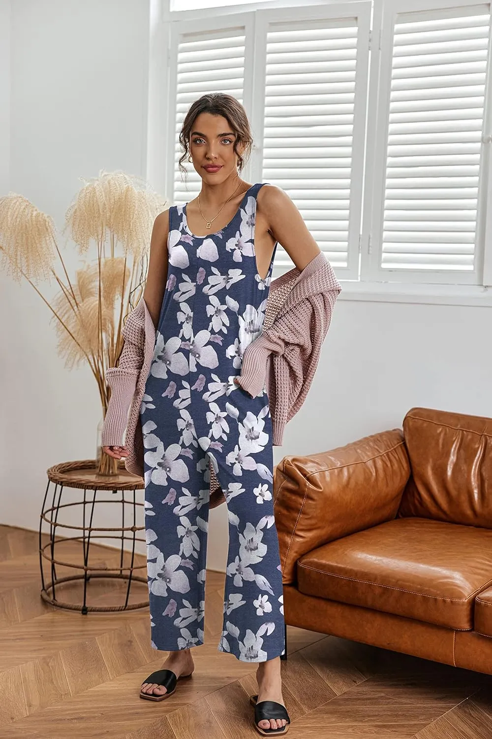 Ekouaer Sleeveless Jumpsuits for Women Casual Summer Scoop Neck Tank Rompers Wide Leg Pants Overall Jumpers with Pockets