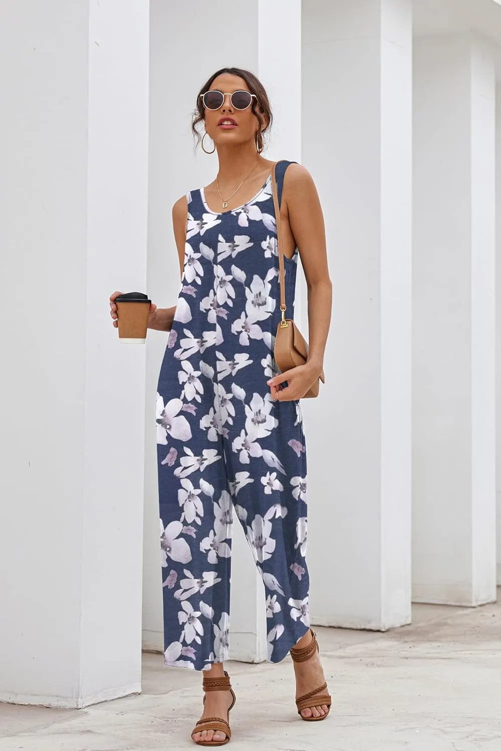 Ekouaer Sleeveless Jumpsuits for Women Casual Summer Scoop Neck Tank Rompers Wide Leg Pants Overall Jumpers with Pockets