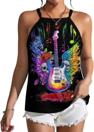 Electric Guitar with Wings Skull Roses Women's Tank Top Sleeveless Spaghetti Straps Tie Back Print T-Shirt Tops